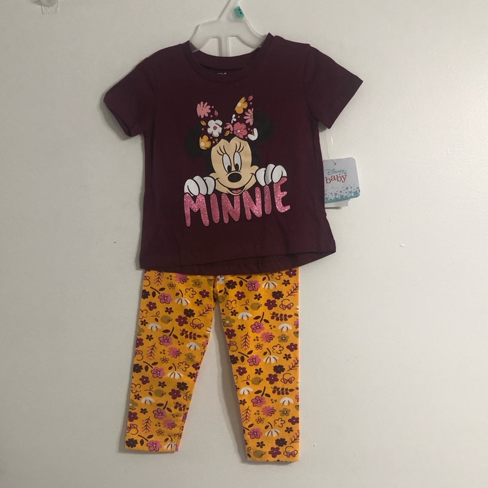 Disney baby girl 2 PCS Minnie set red wine Top/ Floral Leggings .12Months